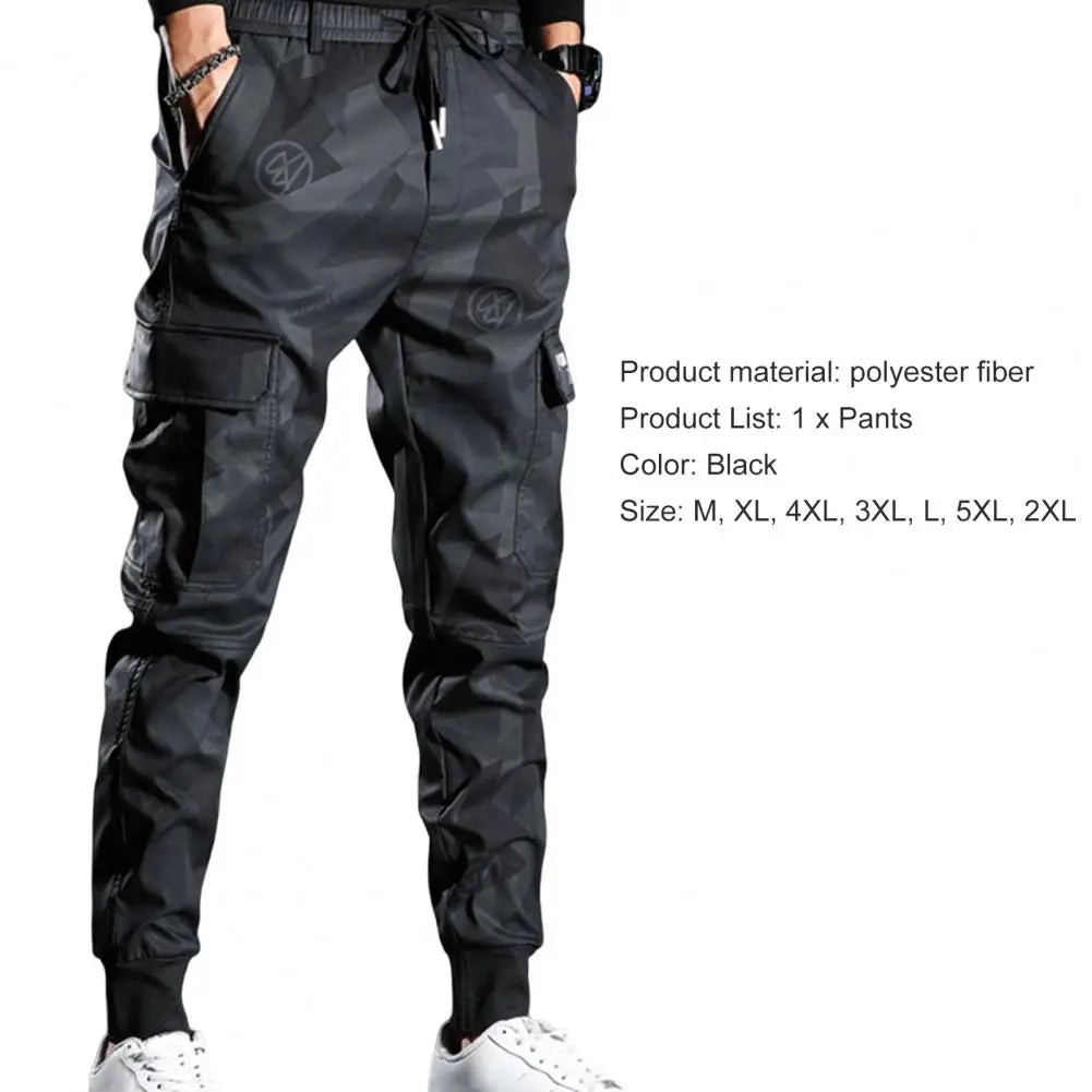 Men Cargo Pants Camouflage Print Drawstring Multi Pockets Bottoms Ankle Tied Trousers Autumn Elastic Waists Casual Sports Pants