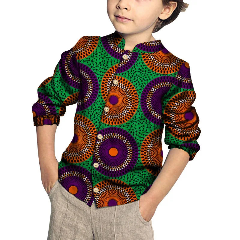 Kids Clothing Kids Boys African Fashion New Boy's Tops Bazin Riche African Wax Print Patchwork Cotton Shirt for Boys