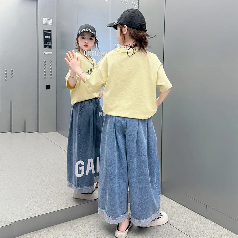 Girls Summer Clothes Sets Children Smiley Face Print Short-Sleeve T-Shirt + Denim Wide-Leg Pants Two-Piece Sets 2025 New
