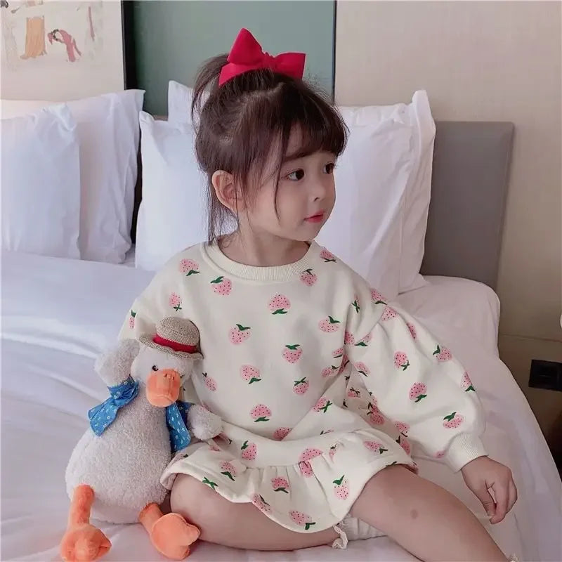 Girls Dress Autumn Spring New Girls' Splicing Pleated Dress Polka Dot Printed Baby Kids Casual Clothing