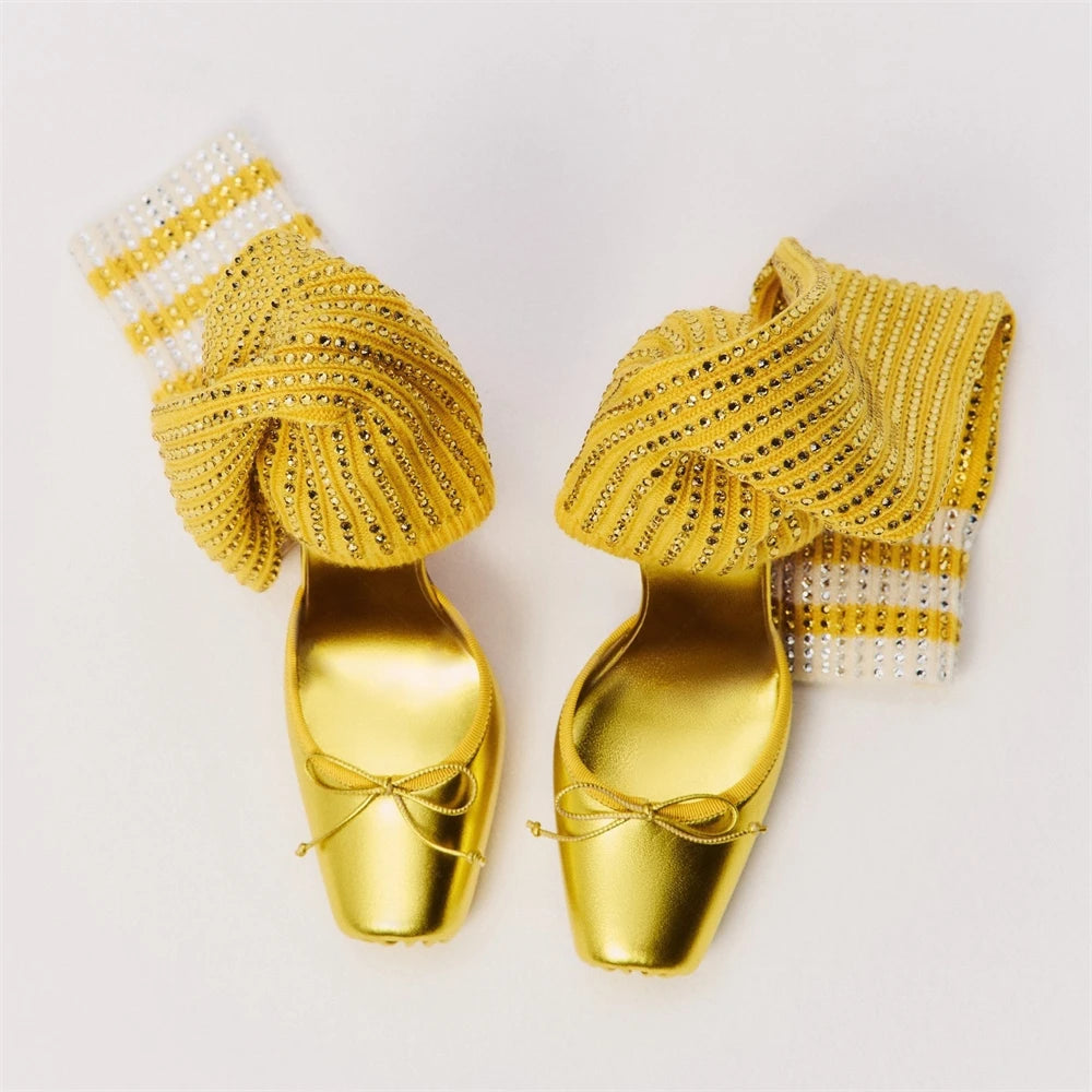 Rhinestone Socks Stiletto Booties Ballerina Bow Crepe Square Toe High Heel Pumps Multicolor Elegant Style Women's Mid-Calf Boots