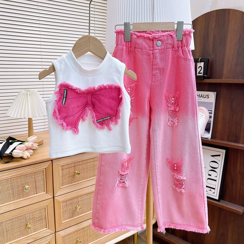 2025 Girls' Summer New Clothing Set Fashion Children's Sleeveless Top+ Ripped Jeans Two-piece Set Baby Clothes