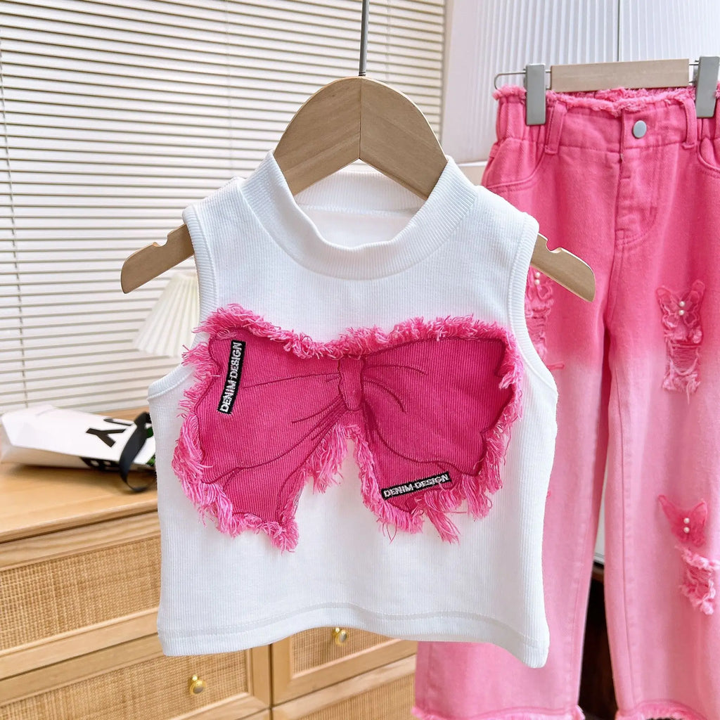2025 Girls' Summer New Clothing Set Fashion Children's Sleeveless Top+ Ripped Jeans Two-piece Set Baby Clothes