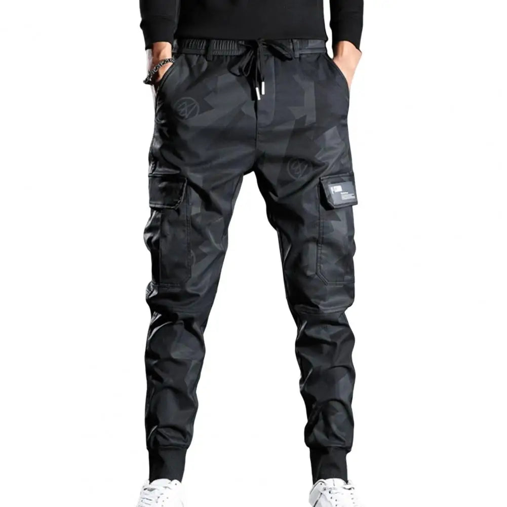 Men Cargo Pants Camouflage Print Drawstring Multi Pockets Bottoms Ankle Tied Trousers Autumn Elastic Waists Casual Sports Pants