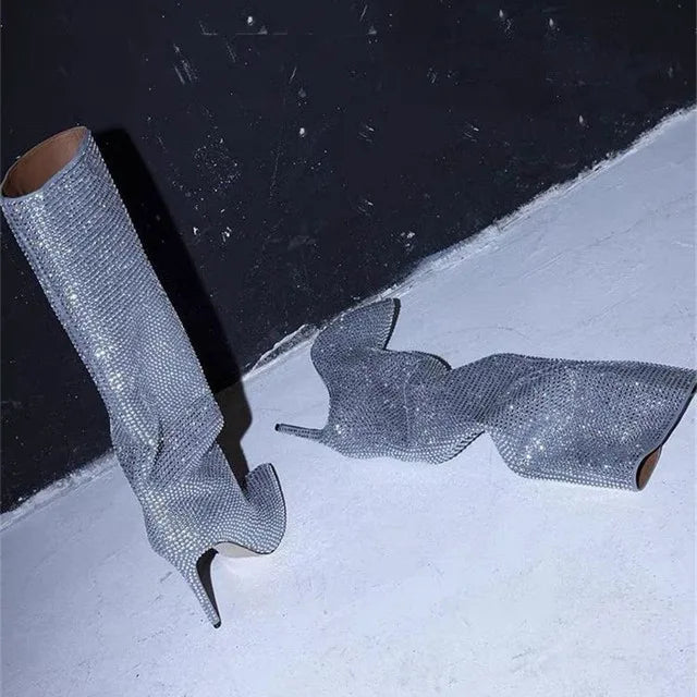 Rhinestone Women's High Boots Pointed Toe Slip-on Long Boots Women Boots High Heels Sexy Stiletto Ladies Party Shoes 2025 New