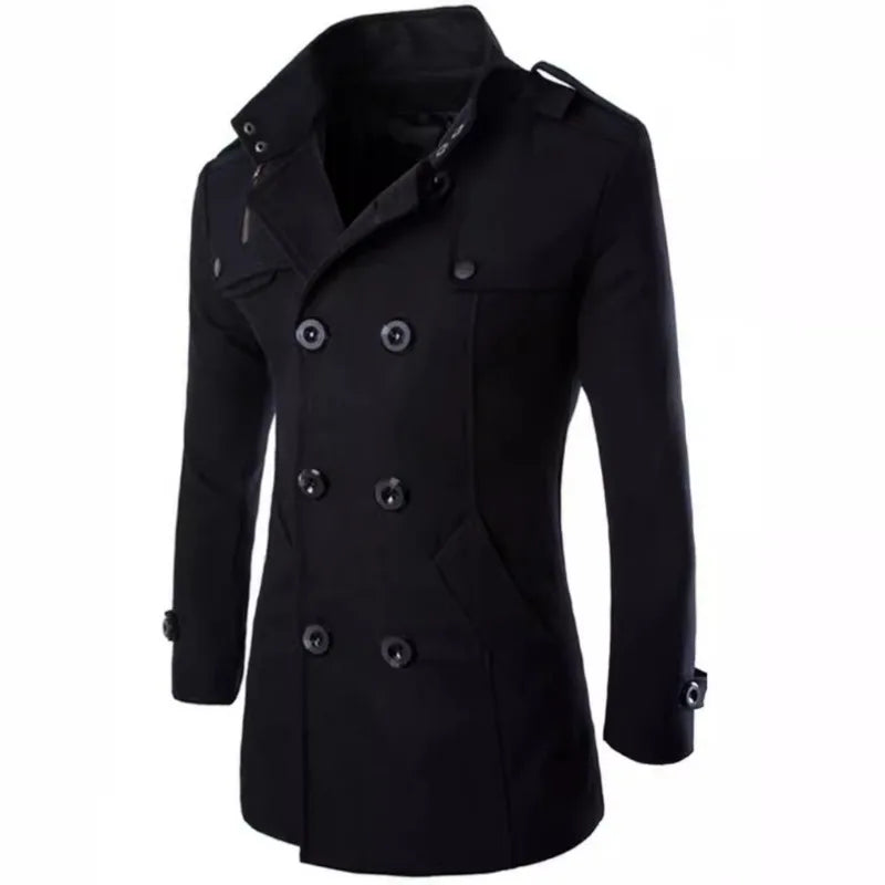 New Mens Woolen Coat Slim-fitting Medium and Long Woolen Trench Coat Men