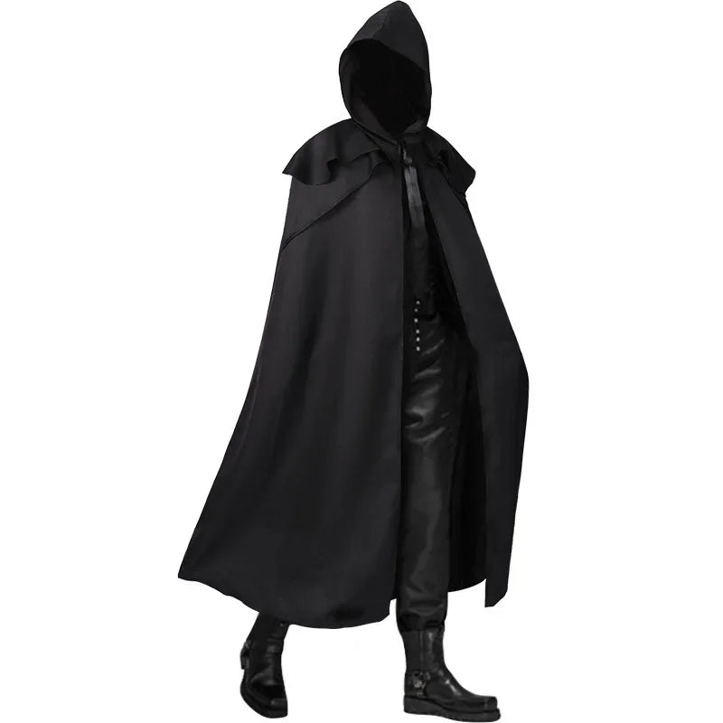 Medieval Vintage Hooded Loose Black Cloak Coats Windproof Trench Chic Winter Long Cape Poncho Gothic Mens Monk  Cosplay