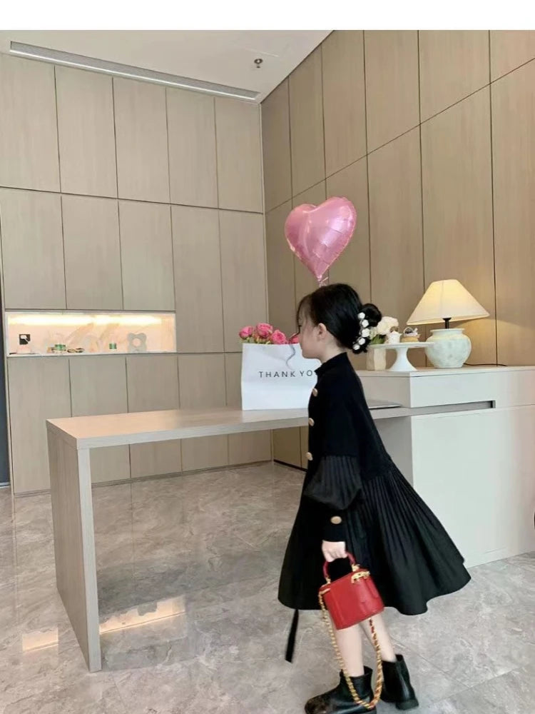 2025 Spring and Autumn New Girls' Dress Children's Clothing Black Design Sense Spliced Knitted Pleated Skirt