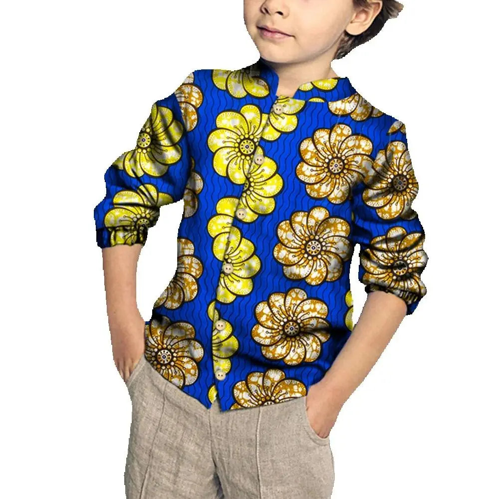 Kids Clothing Kids Boys African Fashion New Boy's Tops Bazin Riche African Wax Print Patchwork Cotton Shirt for Boys