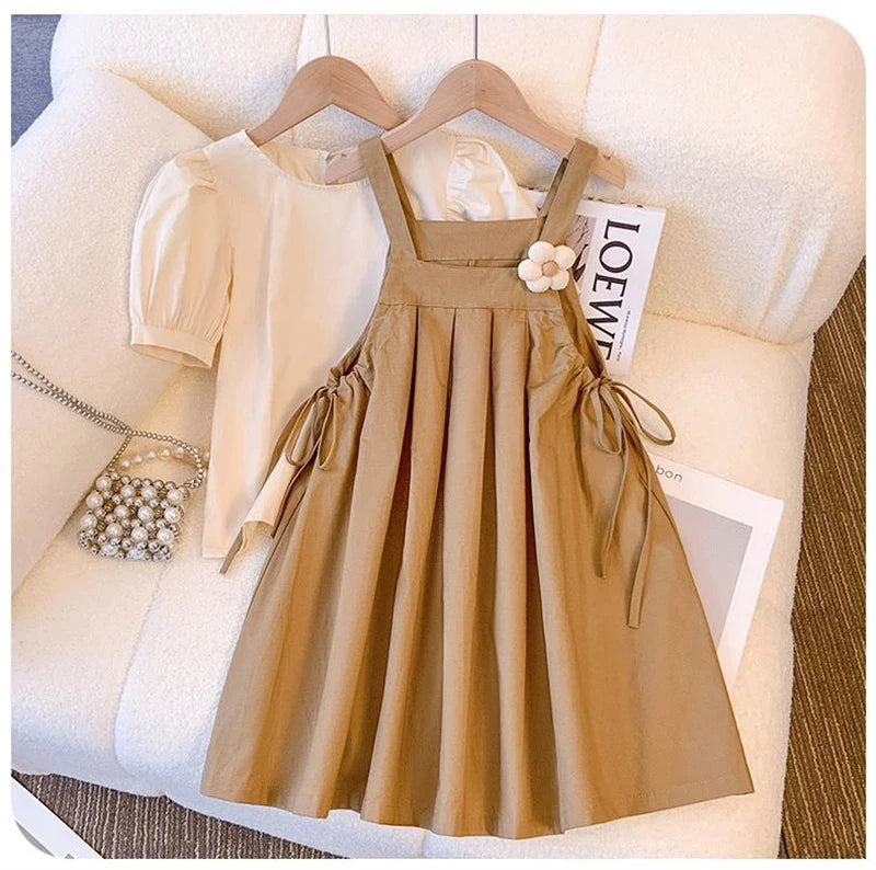 Baby Girls Clothes Summer Girls Dress Set Kids Top+Suspender Skirt 2Pic Children Flower Leisure Suit 3-14 Years Youth Clothing