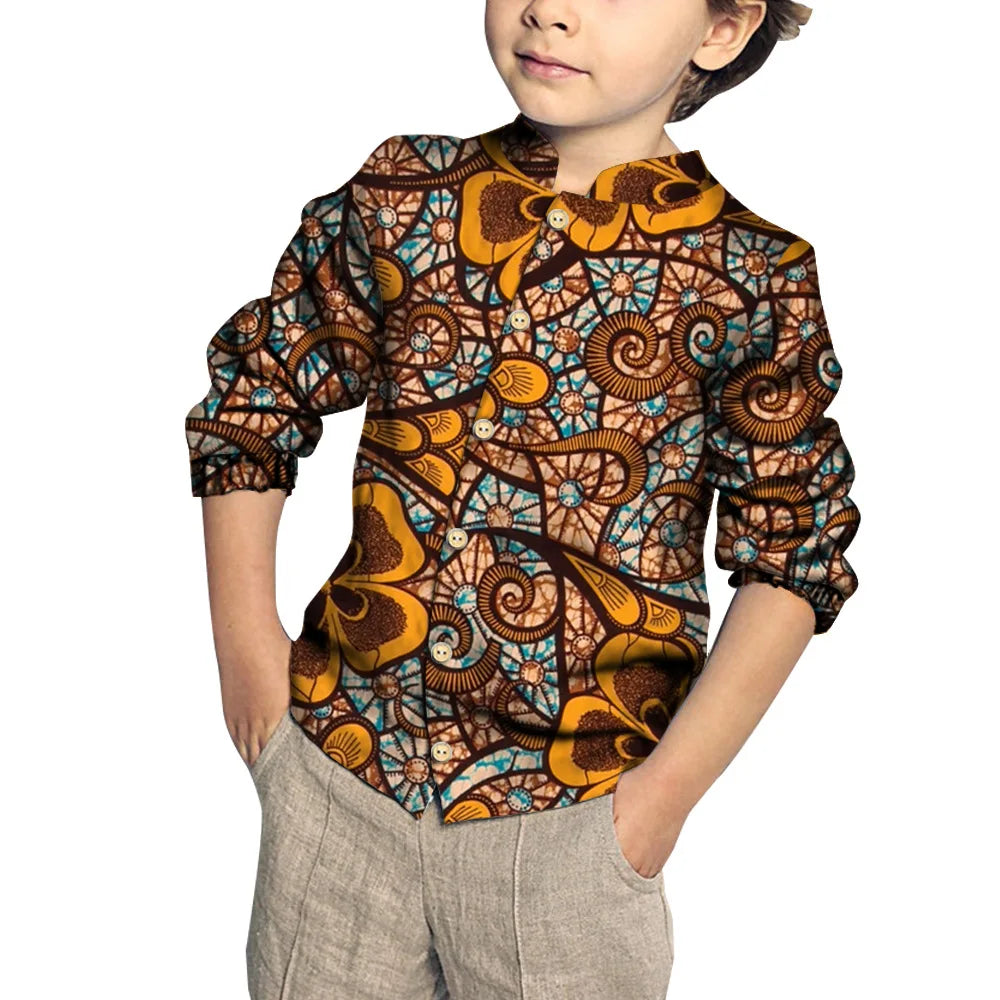 Kids Clothing Kids Boys African Fashion New Boy's Tops Bazin Riche African Wax Print Patchwork Cotton Shirt for Boys