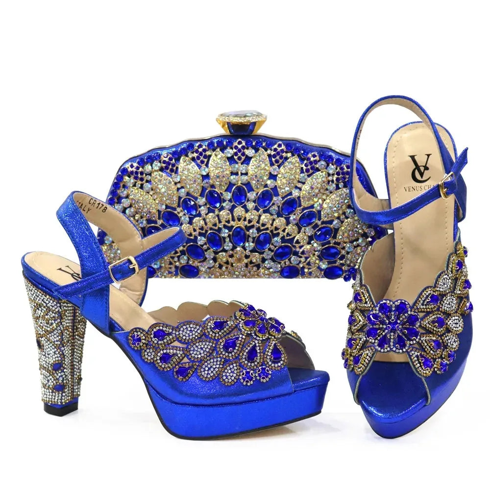 High Heel Shoes for Women Hollowed Out Embroidery Rhinestone Italian Design Rainbow Color Pointed-Toe Shoes and Bags Set