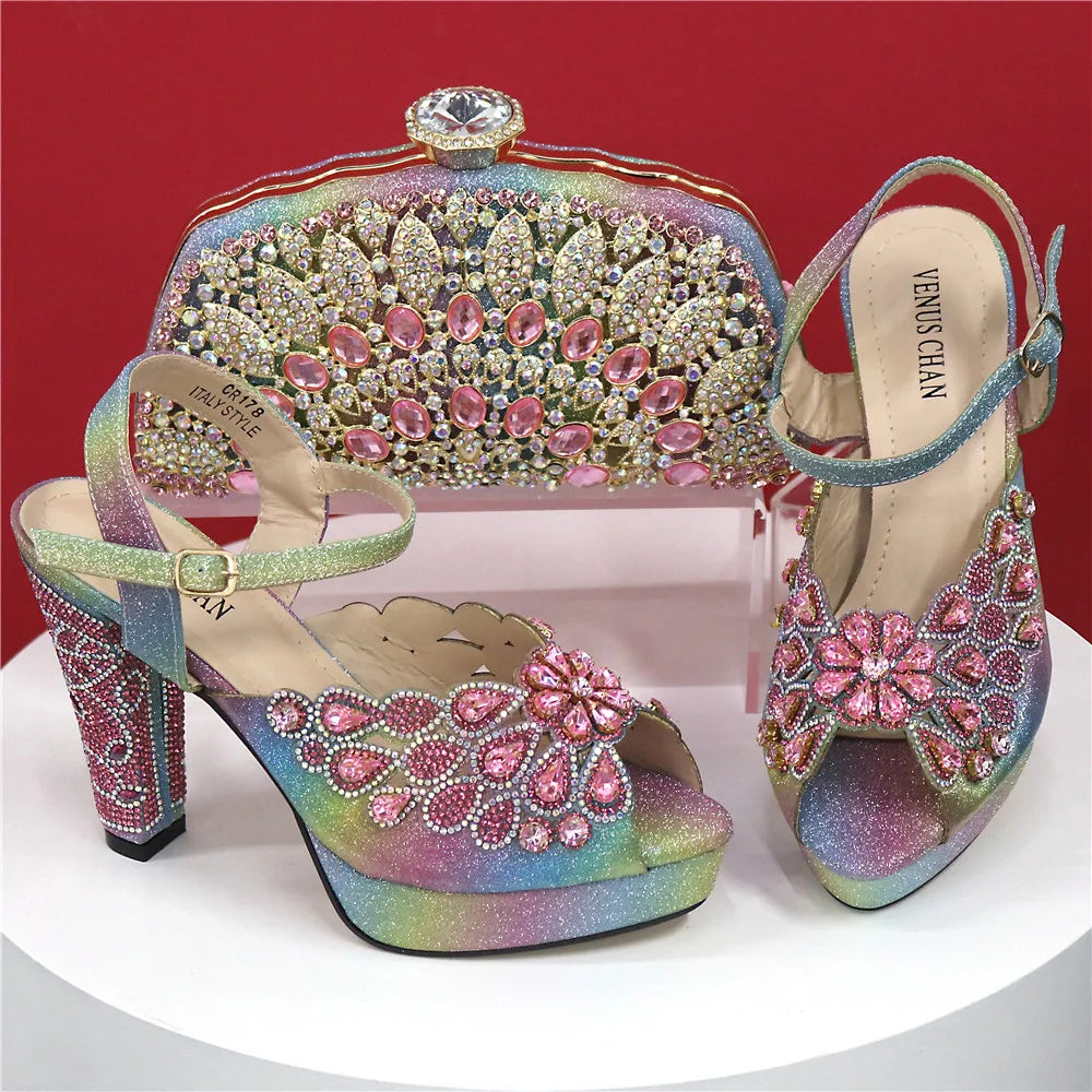 High Heel Shoes for Women Hollowed Out Embroidery Rhinestone Italian Design Rainbow Color Pointed-Toe Shoes and Bags Set