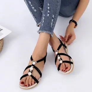 Rhinestone Sandals Women's Summer 2024 New Bohemian Diamond Flat All-match Flat Heel Open Toe Plus Size Women's Holiday Shoes