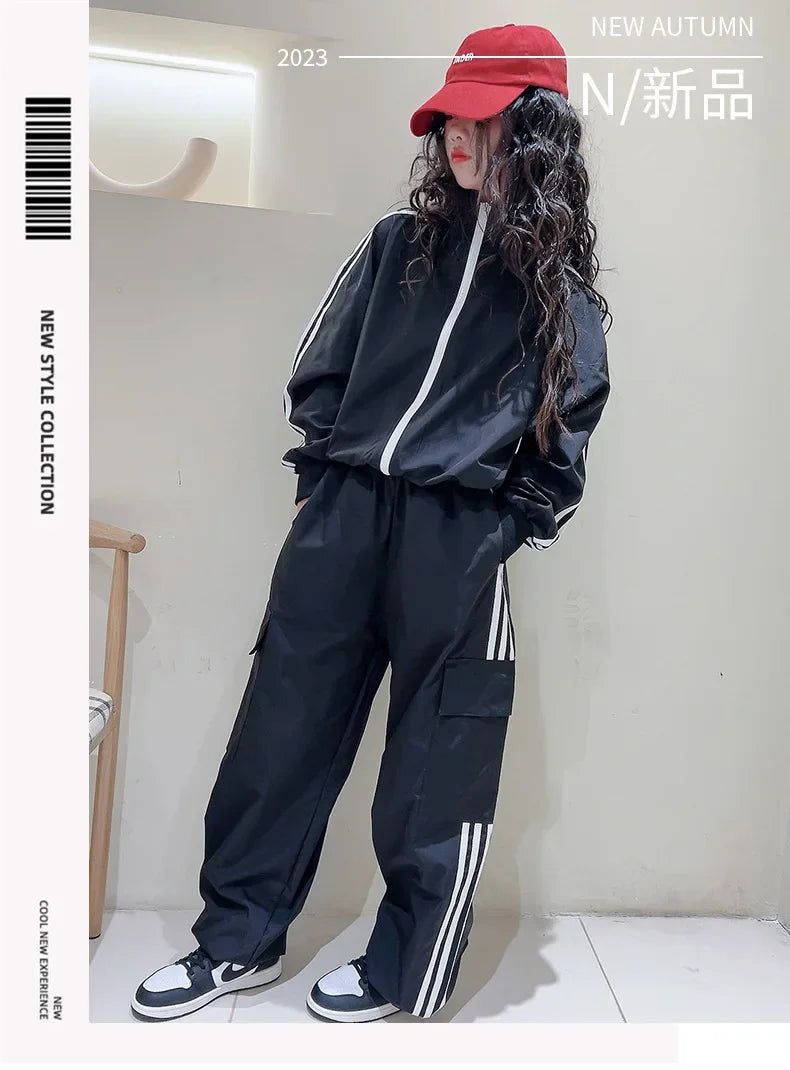 2025 New Girls Outfit Spring/fall Casual Striped Short Jacket  Wide Leg Pants 2-Pieces Fashion School Kids Sporty Tracksuit Set