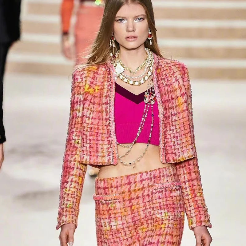 High-end Cropped Jacket for Women, 100% Wool Coat, Colorful Houndstooth, Plaid Tweed Jackets, Short Outwear, Runway Designer