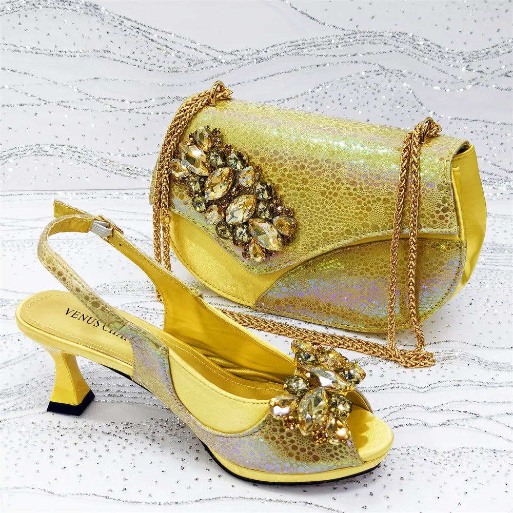 2025 New Rhinestone Design African Shoes & Bag Set in Green – Open Toe Comfortable Women's Heels - Hot Sale on Instagram