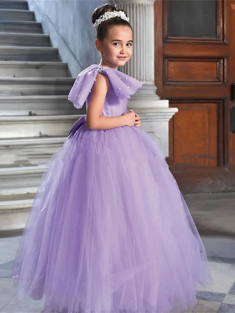 Girls Elegant Dress Tulle Evening Dresses Fashion Ball Performance Gown Solid Simple Girls Clothing Children Summer Frocks