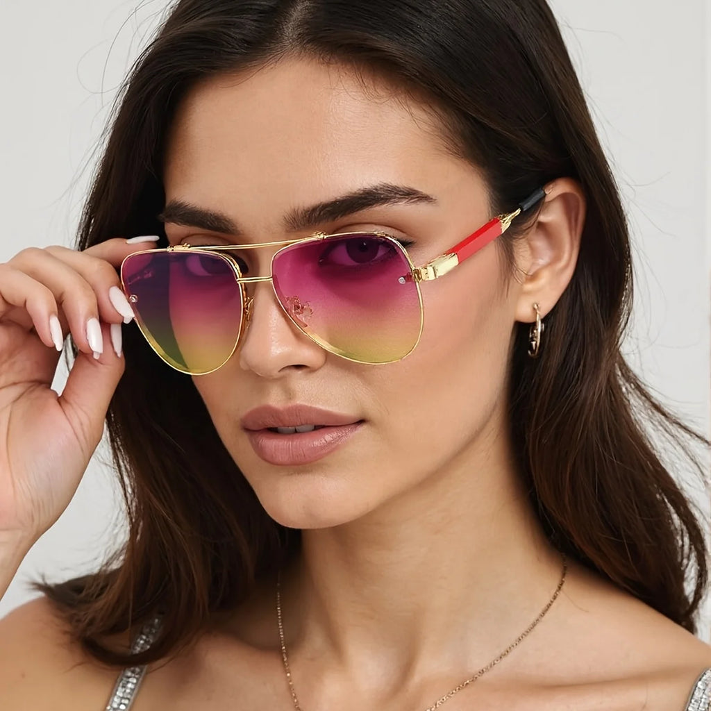 2025 New in Sunglasses for Women Fashionable Gradient Lenses Golden Borders Red Temple Glass Minimalist Design Exudes Modernity