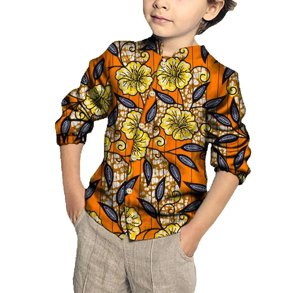Kids Clothing Kids Boys African Fashion New Boy's Tops Bazin Riche African Wax Print Patchwork Cotton Shirt for Boys