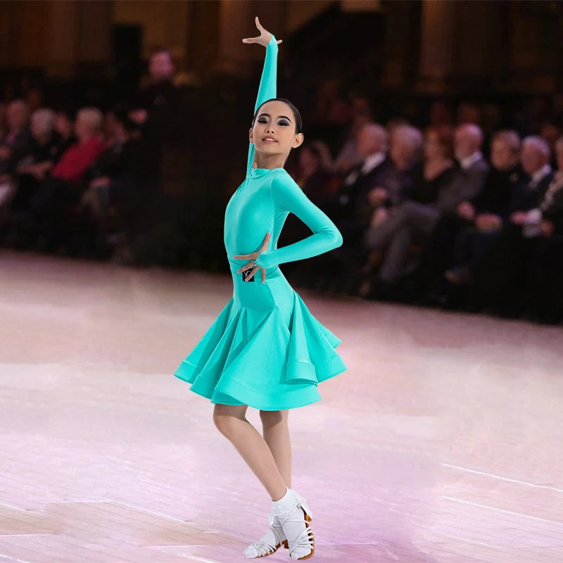 Girls Latin Dance Competition Clothing Glossy Fabric Long Sleeves Dance Dress Kids Cha Rumba Dance Practice Training Wear