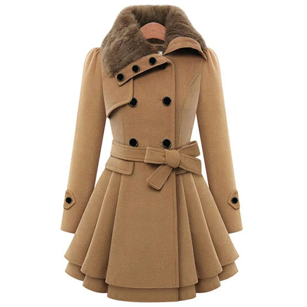 Women's Coats 2025 Fall Essential Solid Color Long Sleeve Notched Lapel Single-Breasted Faux Fur Collar A-Line Coats