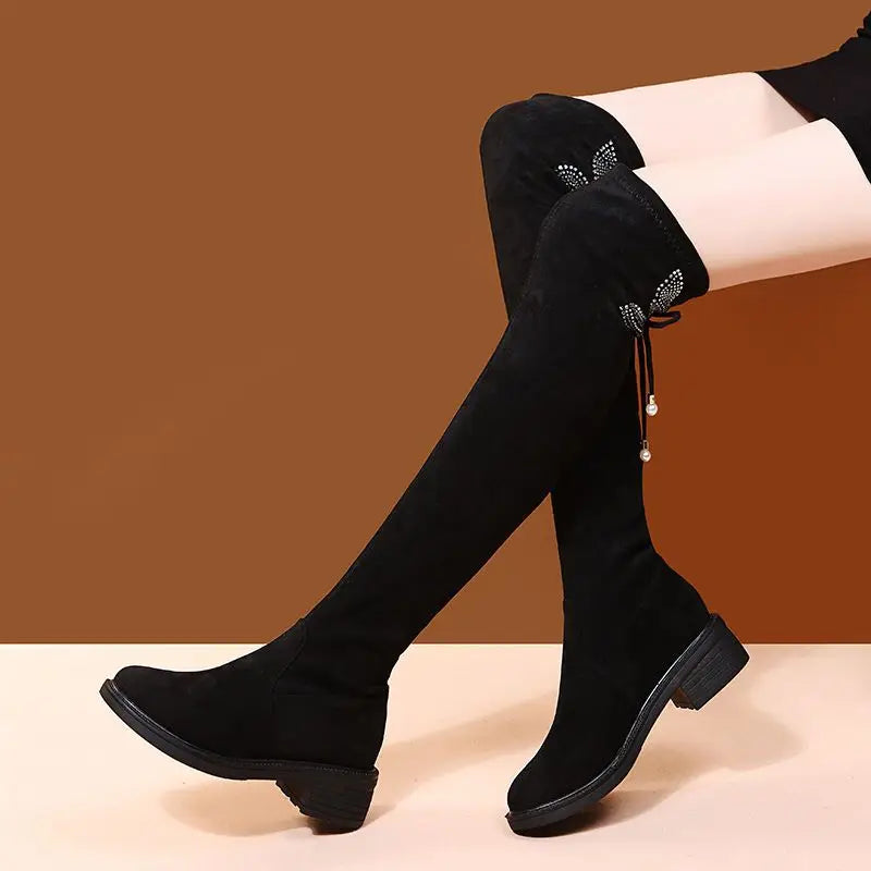 Women's Boots Rhinestone Shoes for Woman Thigh High Footwear Above Over The Knee Middle Heel with Laces Lace-up Quality New In