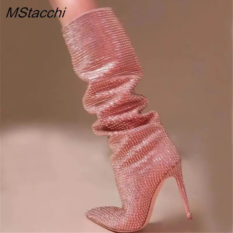Rhinestone Women's High Boots Pointed Toe Slip-on Long Boots Women Boots High Heels Sexy Stiletto Ladies Party Shoes 2025 New