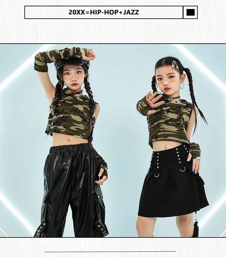 Girls Jazz Dance Costumes, Hip-hop Stage Costumes, Zumba Practice Clothes, Camouflage Children's Clothing Suits,10-12 Years Old