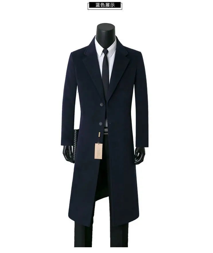 Men woolen coats for autumn and winter long and stylish business casual woolen warm windbreaker suit collar dad-style men's coat