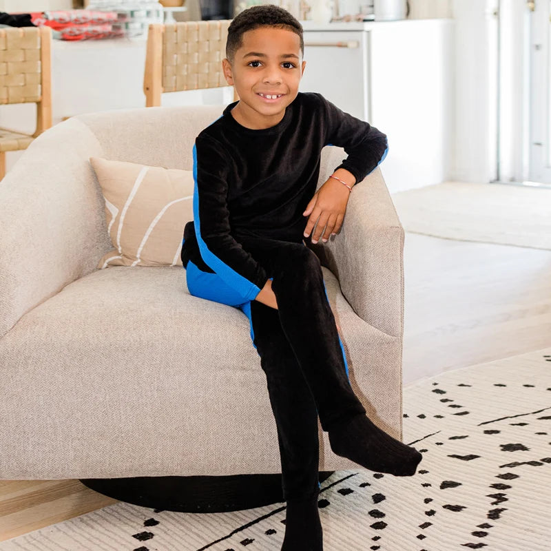 Boys pajama set blue black top and pants kids clothes for boy and girl clothing round neck winter season front velour back rib