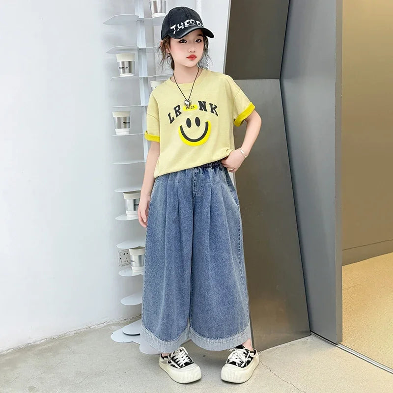Girls Summer Clothes Sets Children Smiley Face Print Short-Sleeve T-Shirt + Denim Wide-Leg Pants Two-Piece Sets 2025 New