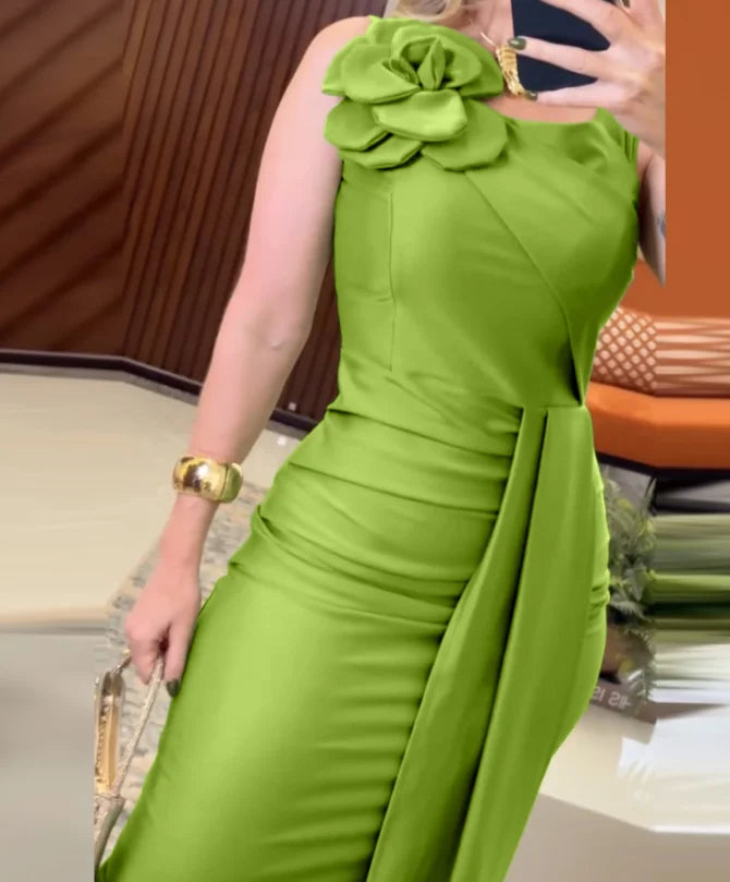 Elegant Dresses for Party Wear 3D Flower Decor Sleeveless Ruched Dress Women's Decorative Side Ties Slit Back Bodycon Dress