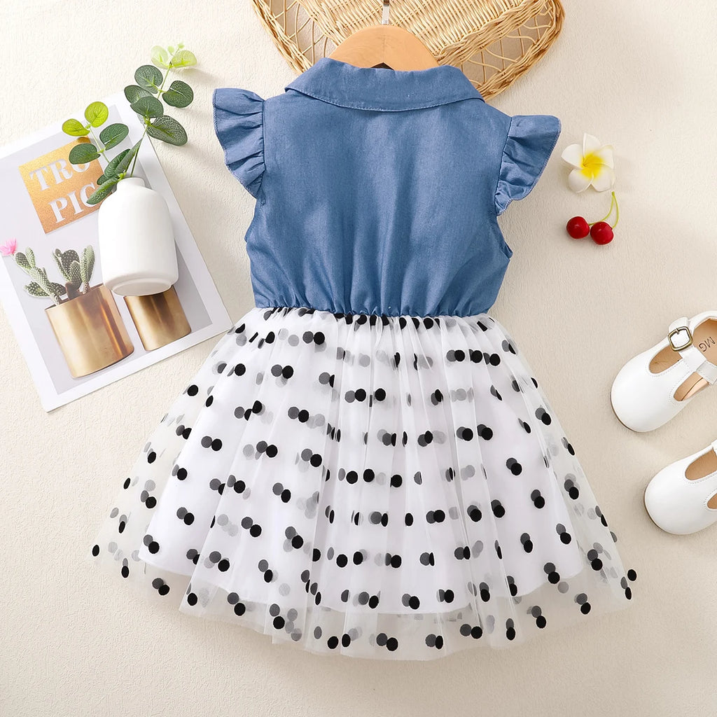 Girls Clothing Flying sleeve Dress Blue Polka Dot chiffon Children's Dress suitable for 1-6 Year old Girls Summer Dress