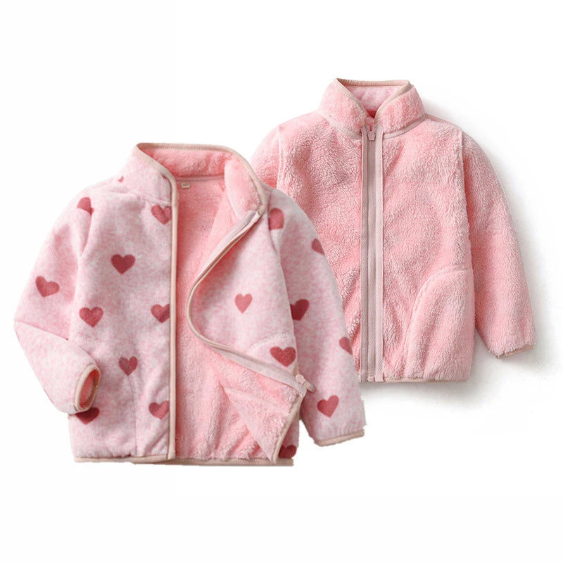 Girls Coats 1 to 8 Years Winter Children Clothes Double-Faced Heart Print Jackets Boys Plush Fleece Warm Outerwear Baby Clothing