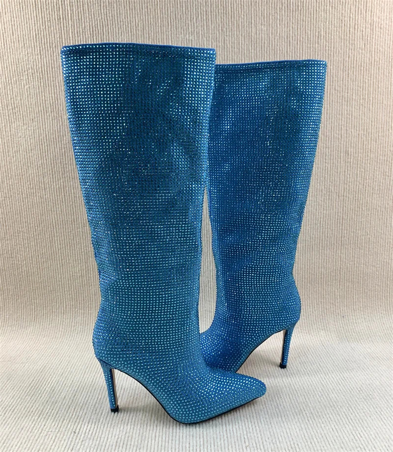 Rhinestone Women's High Boots Pointed Toe Slip-on Long Boots Women Boots High Heels Sexy Stiletto Ladies Party Shoes 2025 New
