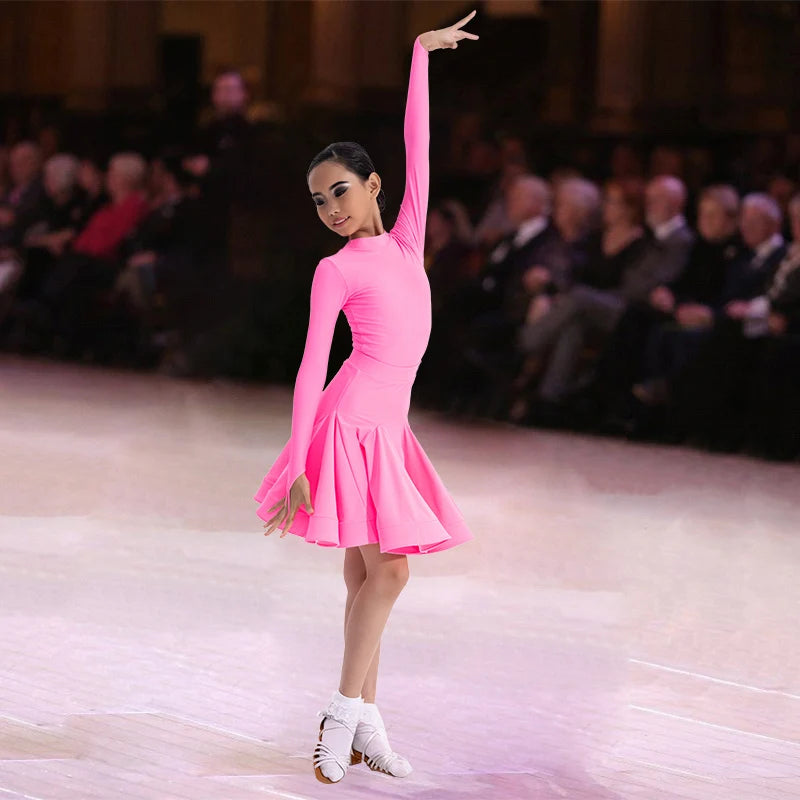 Girls Latin Dance Competition Clothing Glossy Fabric Long Sleeves Dance Dress Kids Cha Rumba Dance Practice Training Wear