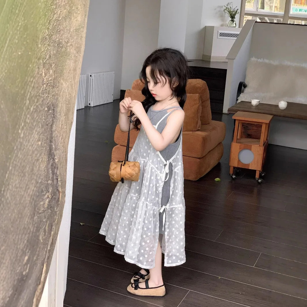 Girls Summer 2025 New Korean Sweet Clothing Suit Children's Vest Skirt Lace Embroidered Skirt Baby Casual  Fashion