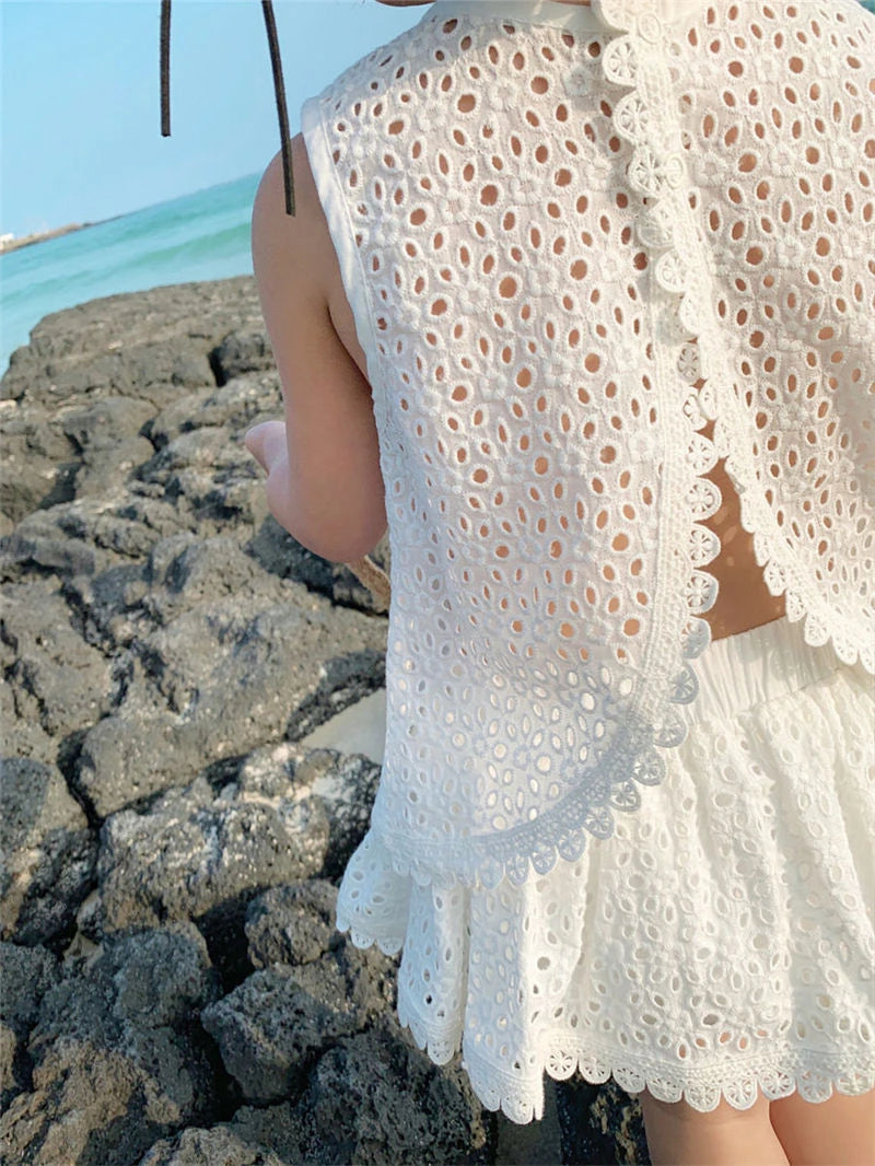 Girls 2024 Summer Clothing Sets Hollow Lace Suit Baby Casual Sleeveless T-shirt+Shorts Kids Clothing Sets Baby Clothes Outfits