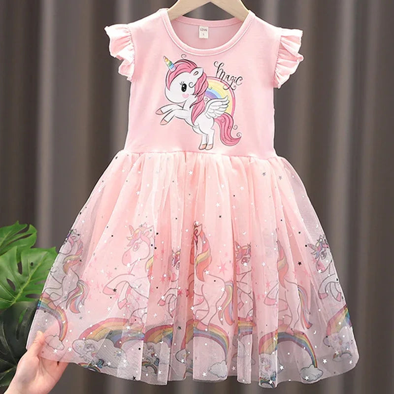 Girls Clothes 2025 New Summer Princess Dresses Flying Sleeve Kids Dress Unicorn Party Baby Dresses for Children Clothing 1-6Y