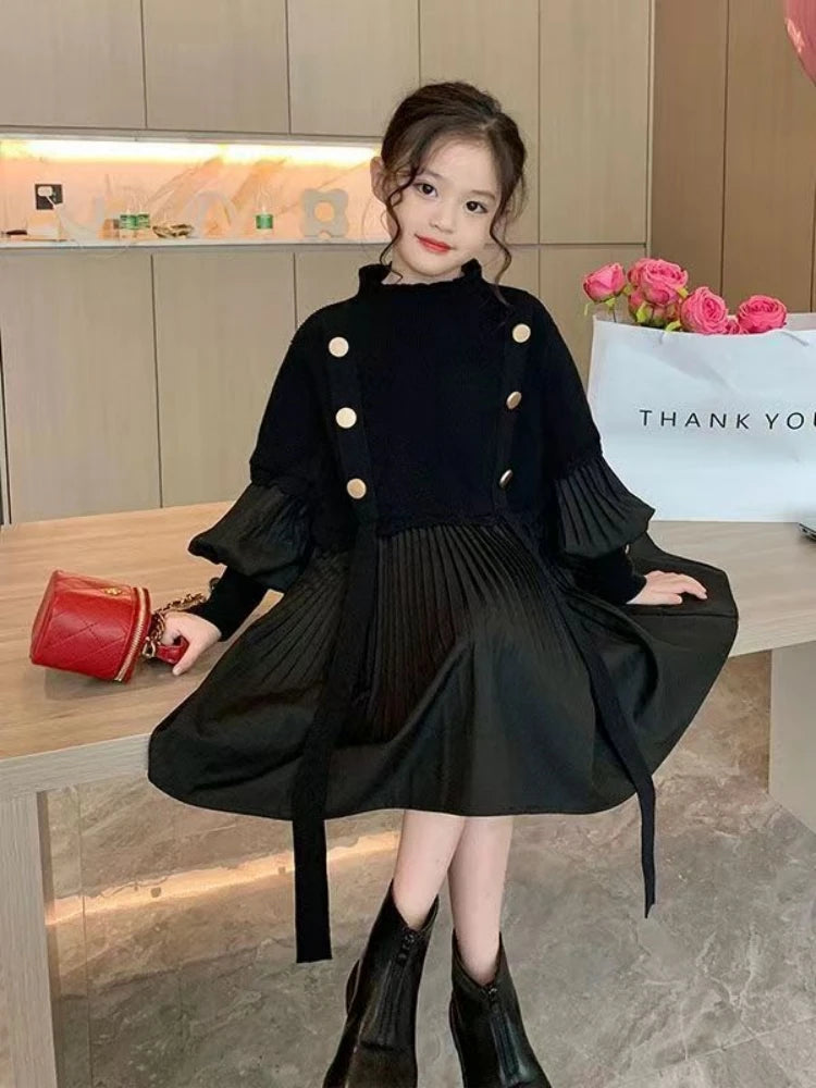 2025 Spring and Autumn New Girls' Dress Children's Clothing Black Design Sense Spliced Knitted Pleated Skirt