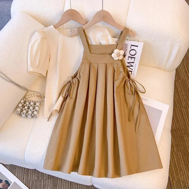 Baby Girls Clothes Summer Girls Dress Set Kids Top+Suspender Skirt 2Pic Children Flower Leisure Suit 3-14 Years Youth Clothing