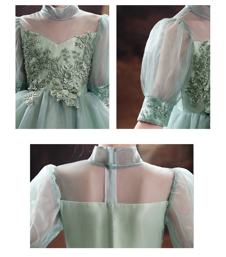 Children Clothing Green Dress for Girls 3 To 14 Year Elegant Formal Evening Dresses Long Luxury Cute Kid Wedding Party Ball Gown
