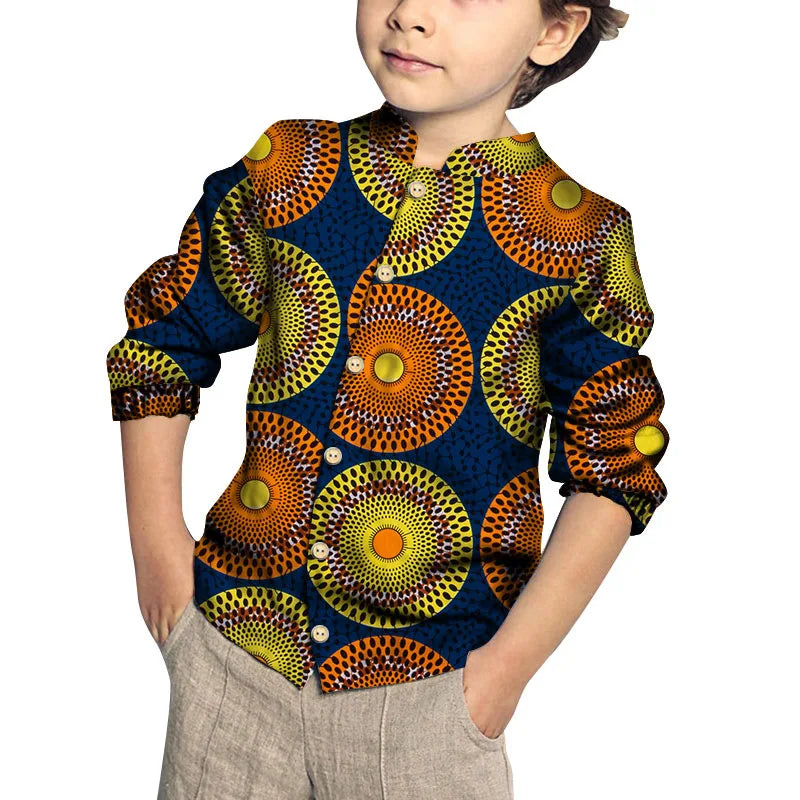 Kids Clothing Kids Boys African Fashion New Boy's Tops Bazin Riche African Wax Print Patchwork Cotton Shirt for Boys
