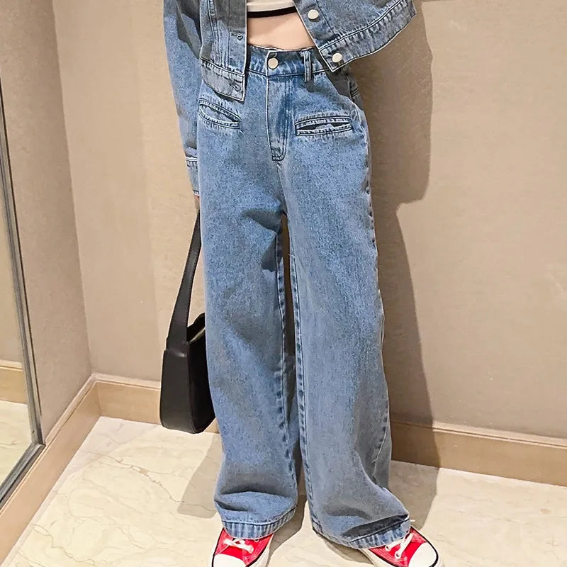 Girls' Autumn Set with Denim Jacket and Jeans, Girls' Denim Suit, Durable and Wear-resistant Children's Clothing