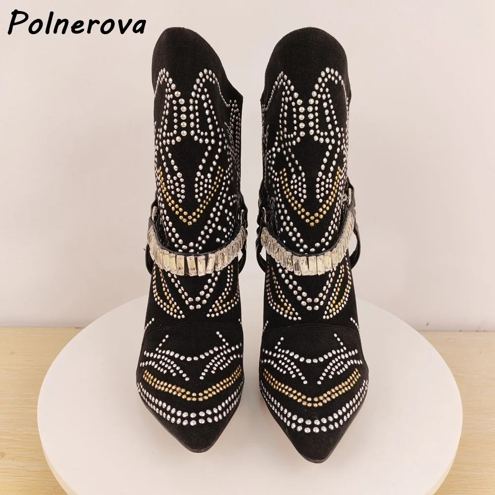 Rhinestone Black Ankle Boots Pointy Toe Thin Heels Slip On Bling Crystal Solid Sexy Boots Women's Winter Elegant Runway Shoes
