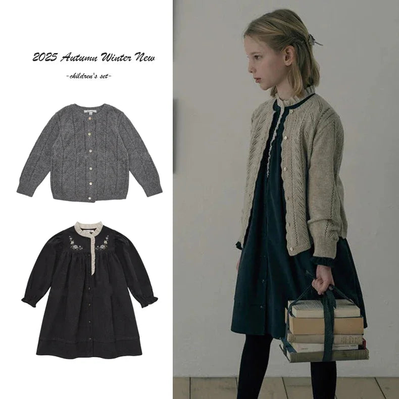 Girls Dresses 2025 Autumn Winter 100% Cotton Corduroy Black High-end Embroidered Dress Cardigan Woolen Sweater Kids's Clothing
