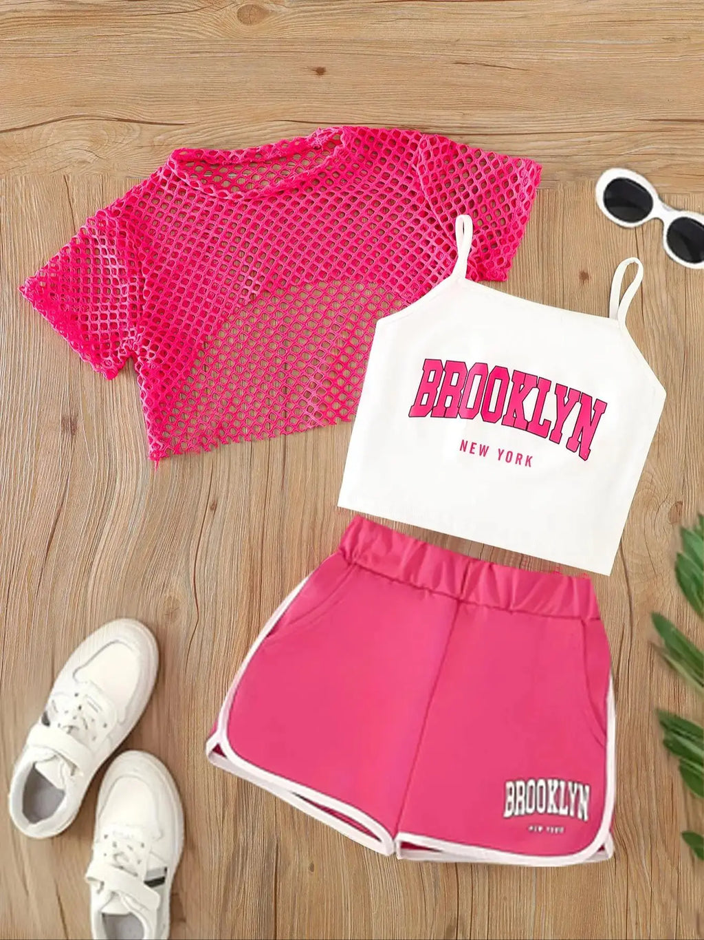 Girls' Three-Piece Outfits New Breathable Summer Thin Fashion Short Sleeve Mesh Top+Letter Print Crop Vest Sling+Letter Print Sport Shorts
