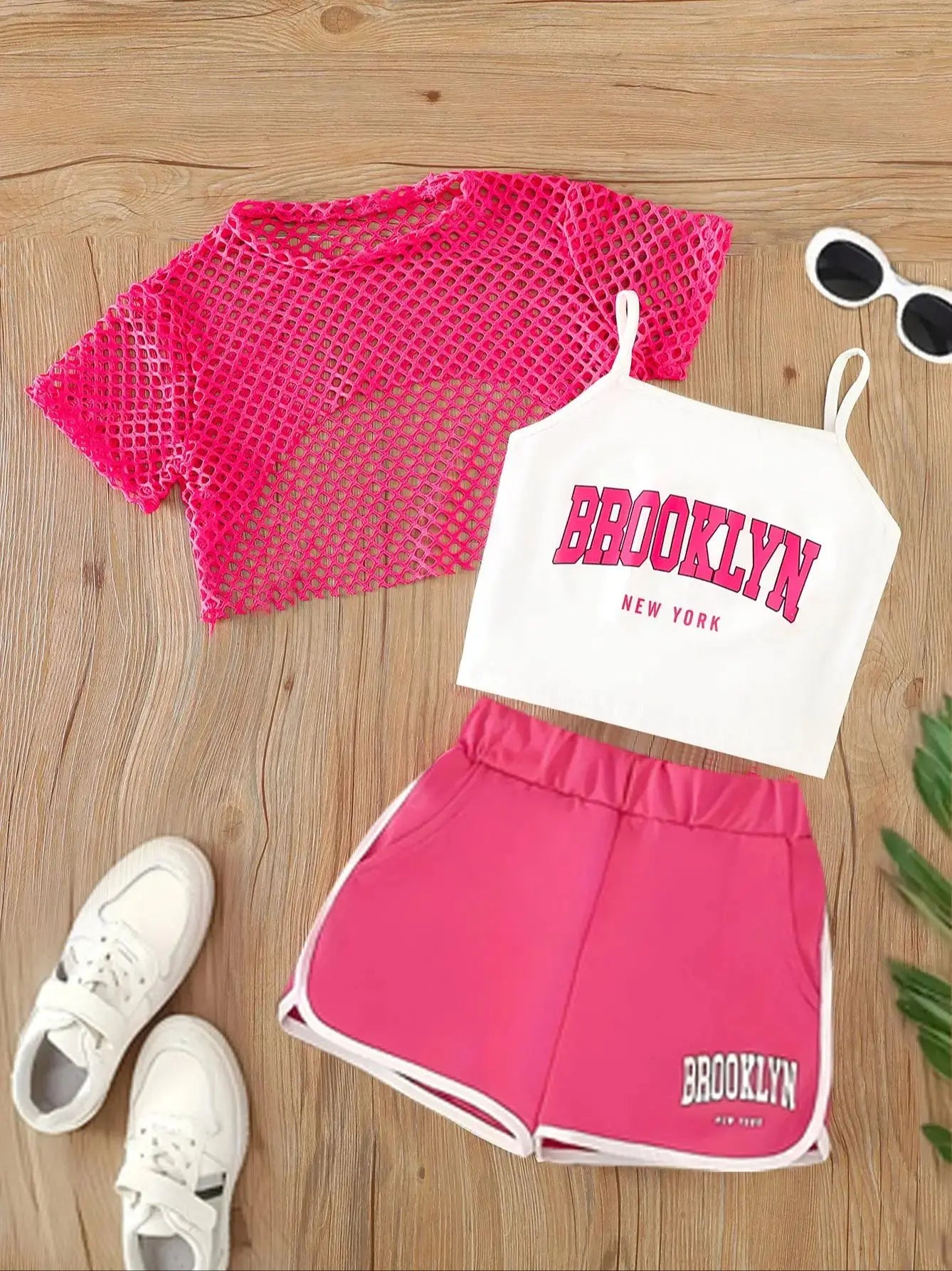 Girls' Three-Piece Outfits New Breathable Summer Thin Fashion Short Sleeve Mesh Top+Letter Print Crop Vest Sling+Letter Print Sport Shorts