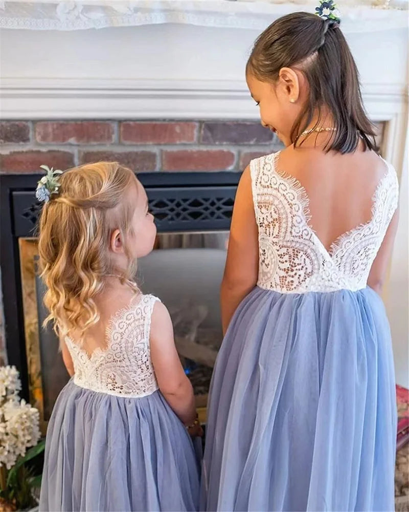 Girls Fashion Open Back Princess Dress 3-12 Years Old New Mesh Lace Long Dress Birthday Wedding Flower Girl Performance Clothing
